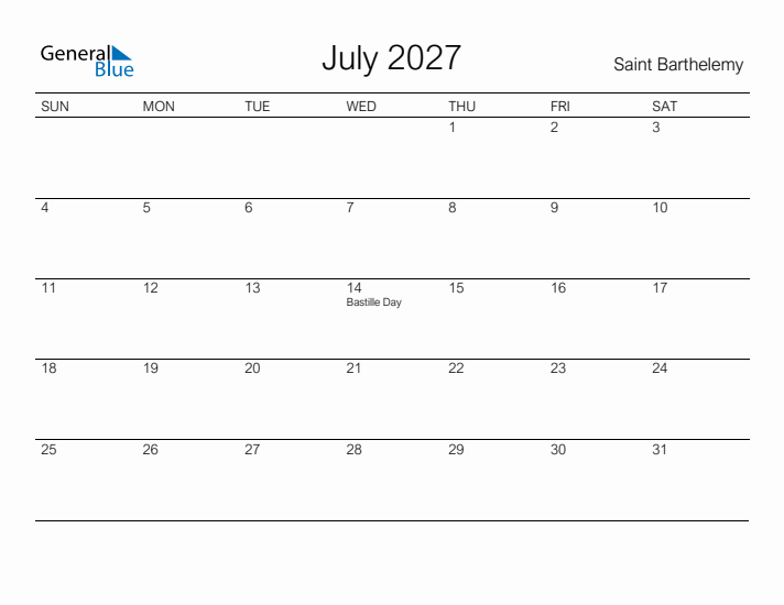 Printable July 2027 Calendar for Saint Barthelemy