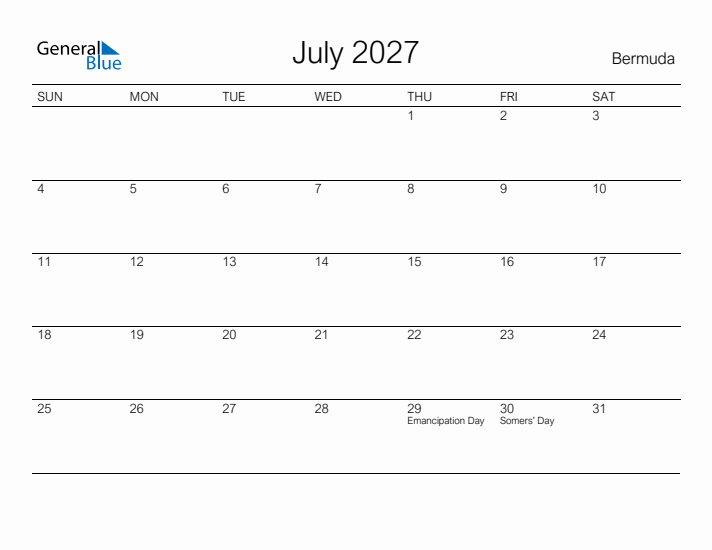 Printable July 2027 Calendar for Bermuda