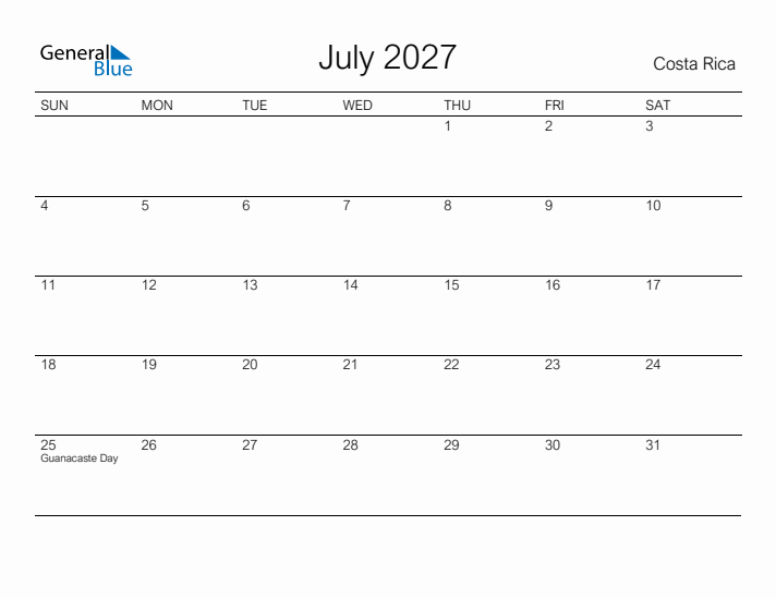 Printable July 2027 Calendar for Costa Rica