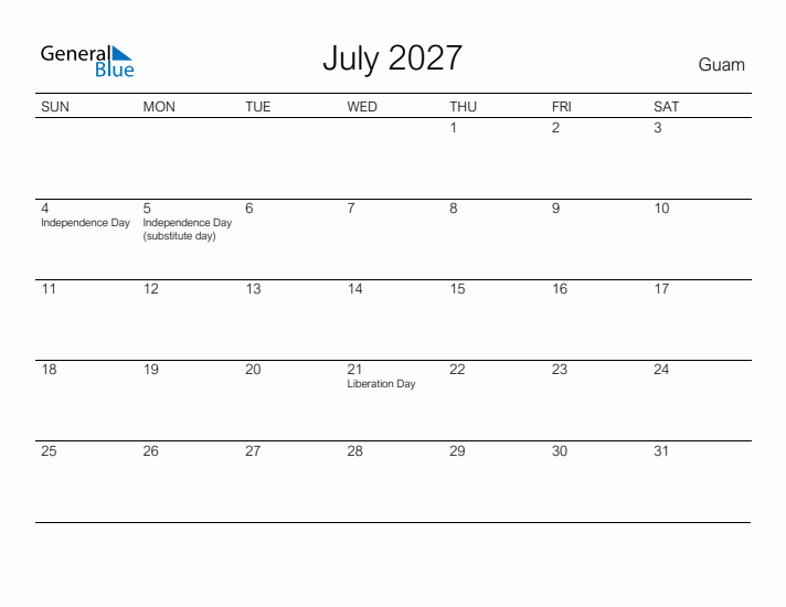 Printable July 2027 Calendar for Guam