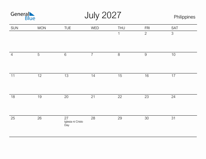 Printable July 2027 Calendar for Philippines