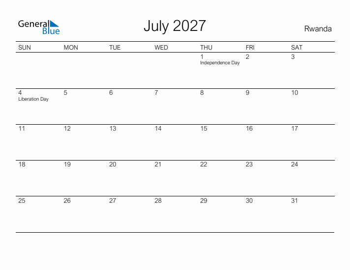 Printable July 2027 Calendar for Rwanda