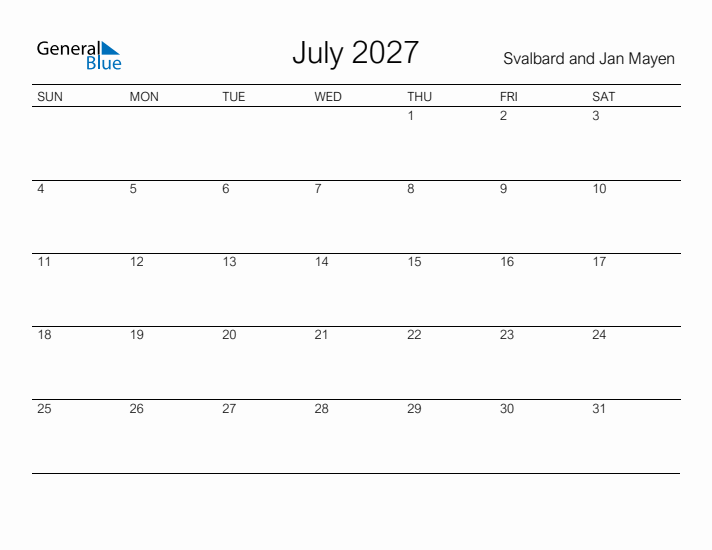 Printable July 2027 Calendar for Svalbard and Jan Mayen