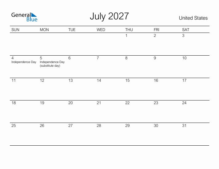 Printable July 2027 Calendar for United States