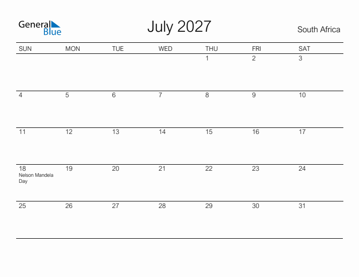 Printable July 2027 Calendar for South Africa