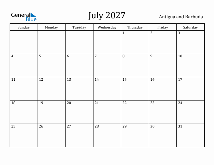 July 2027 Calendar Antigua and Barbuda