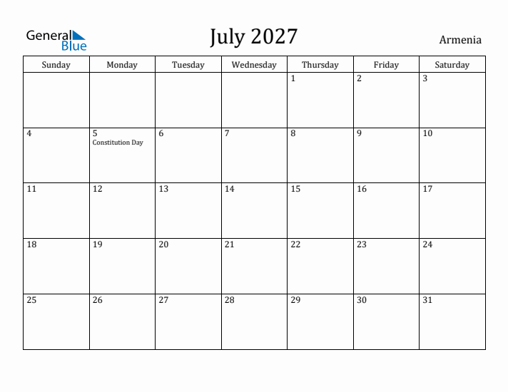 July 2027 Calendar Armenia