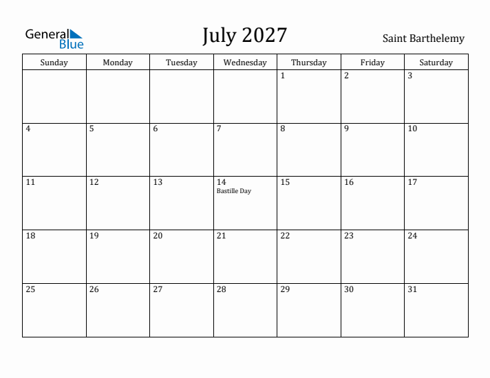 July 2027 Calendar Saint Barthelemy