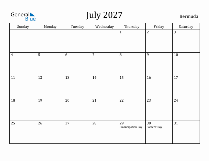 July 2027 Calendar Bermuda