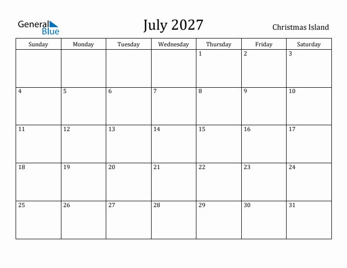 July 2027 Calendar Christmas Island