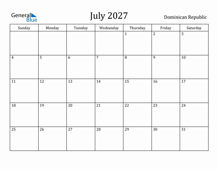 July 2027 Calendar Dominican Republic