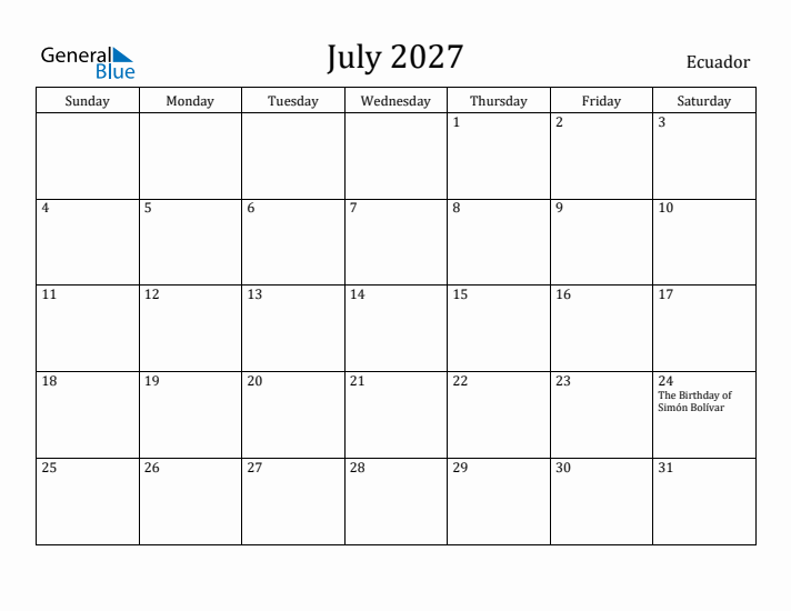 July 2027 Calendar Ecuador