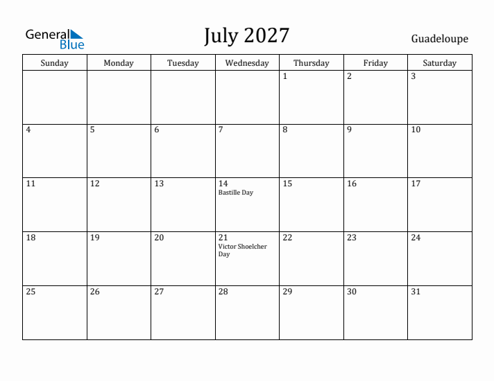 July 2027 Calendar Guadeloupe