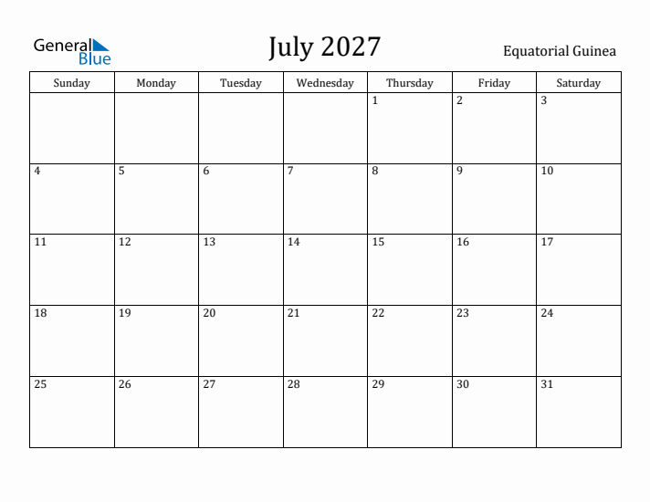 July 2027 Calendar Equatorial Guinea