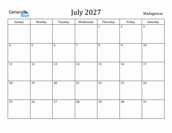 July 2027 Calendar Madagascar