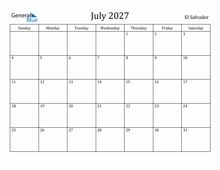 July 2027 Calendar El Salvador