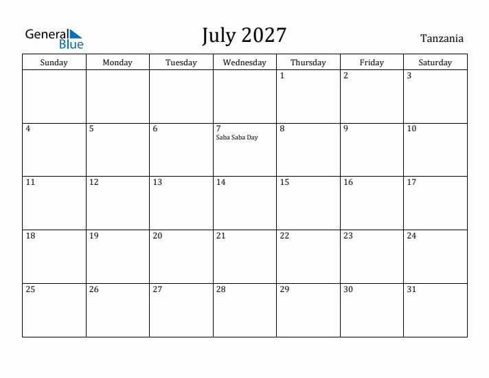 July 2027 Calendar Tanzania