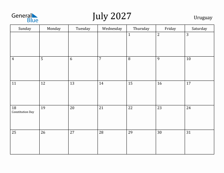 July 2027 Calendar Uruguay