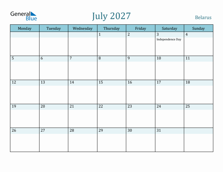 July 2027 Calendar with Holidays