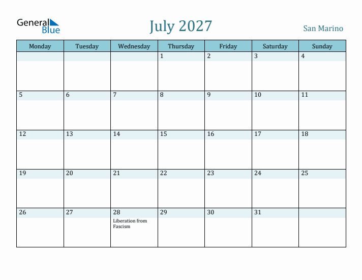 July 2027 Calendar with Holidays