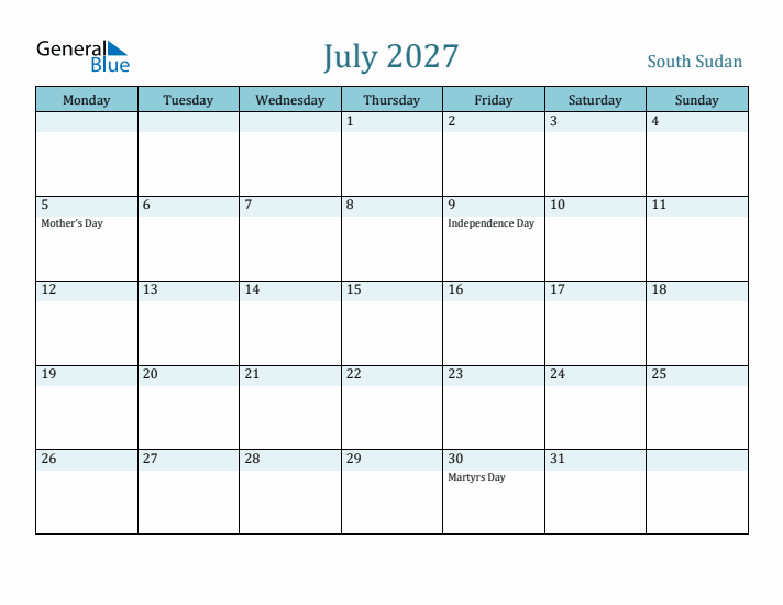 July 2027 Calendar with Holidays