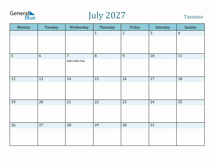 July 2027 Calendar with Holidays