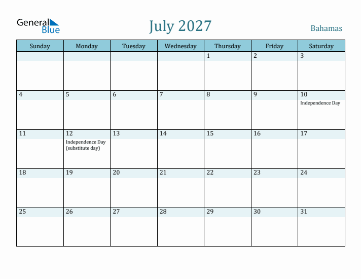 July 2027 Calendar with Holidays