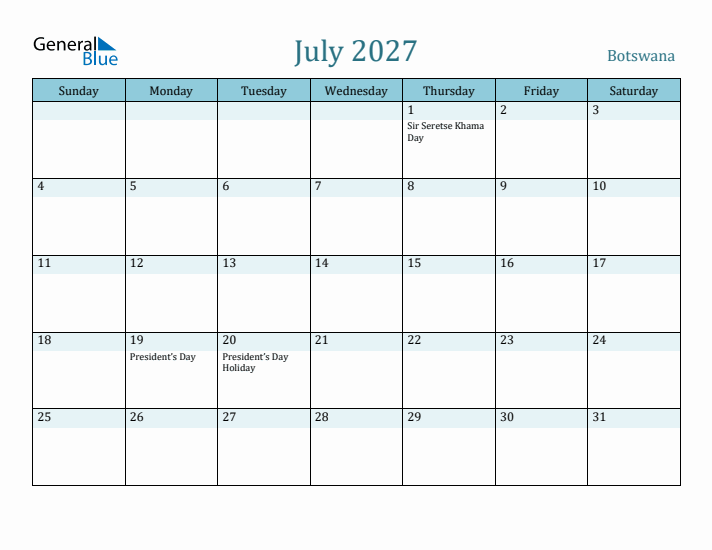 July 2027 Calendar with Holidays