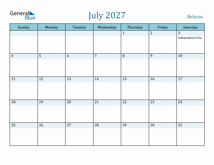 July 2027 Calendar with Holidays