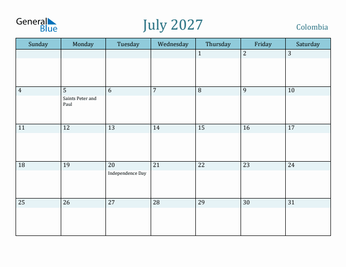 July 2027 Calendar with Holidays