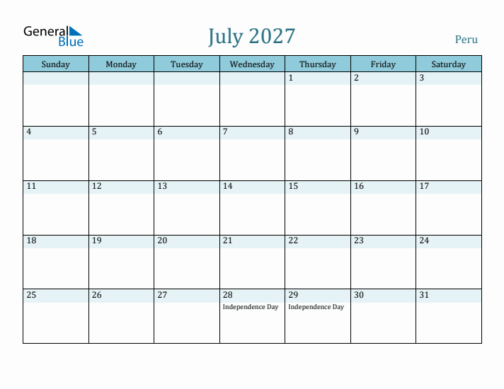 July 2027 Calendar with Holidays