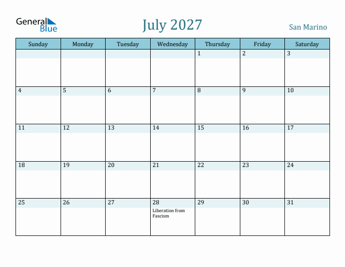 July 2027 Calendar with Holidays