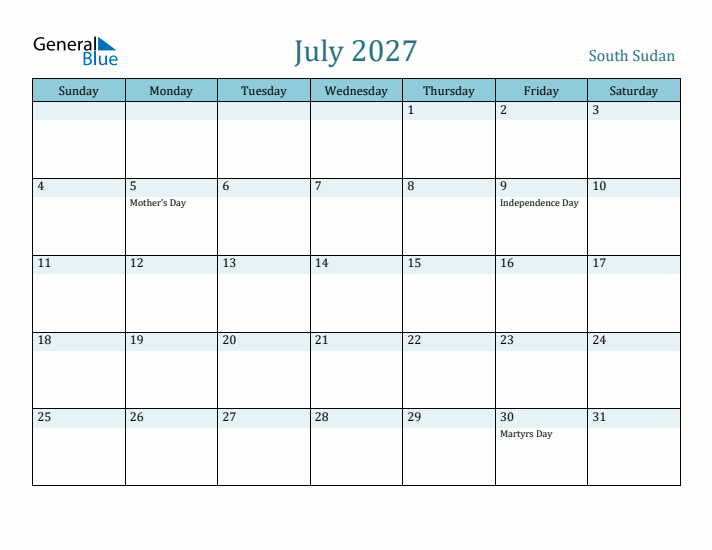 July 2027 Calendar with Holidays