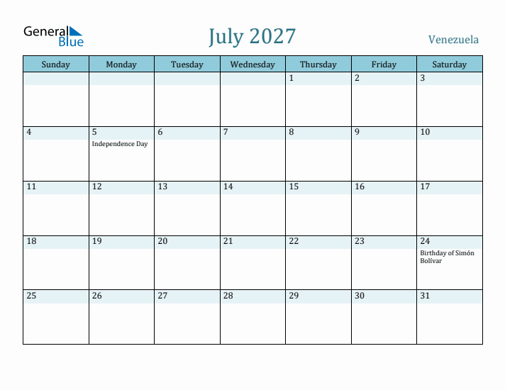 July 2027 Calendar with Holidays