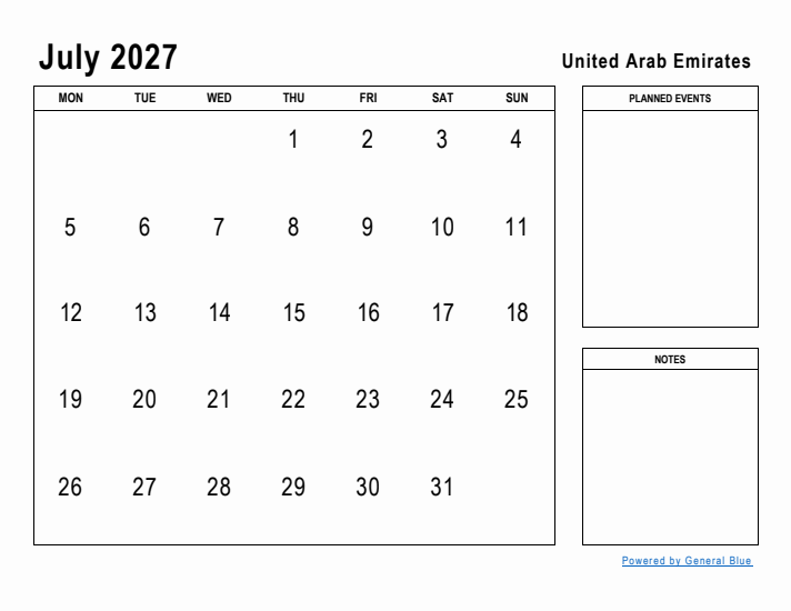 July 2027 Printable Monthly Calendar with United Arab Emirates Holidays