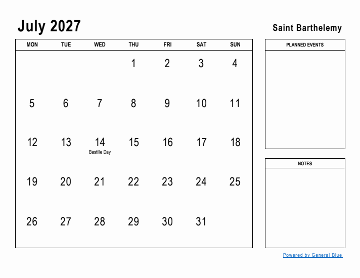 July 2027 Printable Monthly Calendar with Saint Barthelemy Holidays