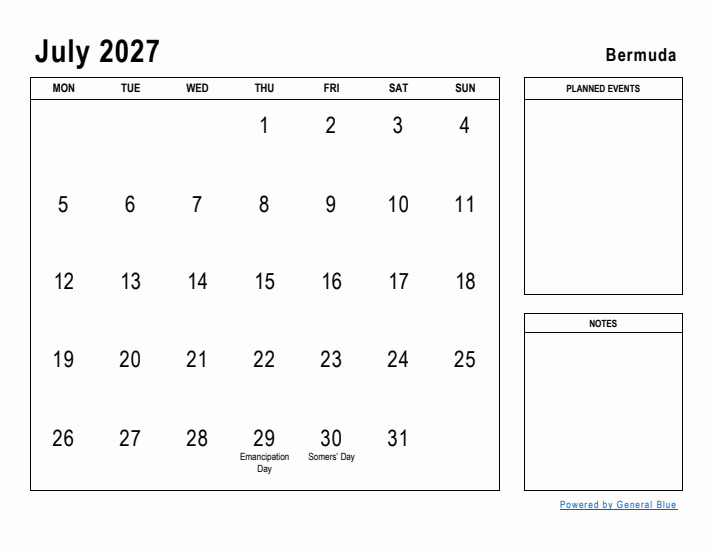 July 2027 Printable Monthly Calendar with Bermuda Holidays