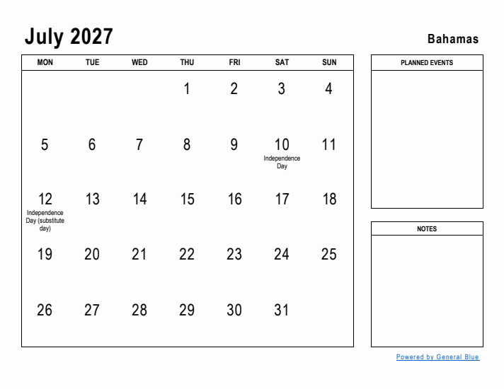 July 2027 Printable Monthly Calendar with Bahamas Holidays