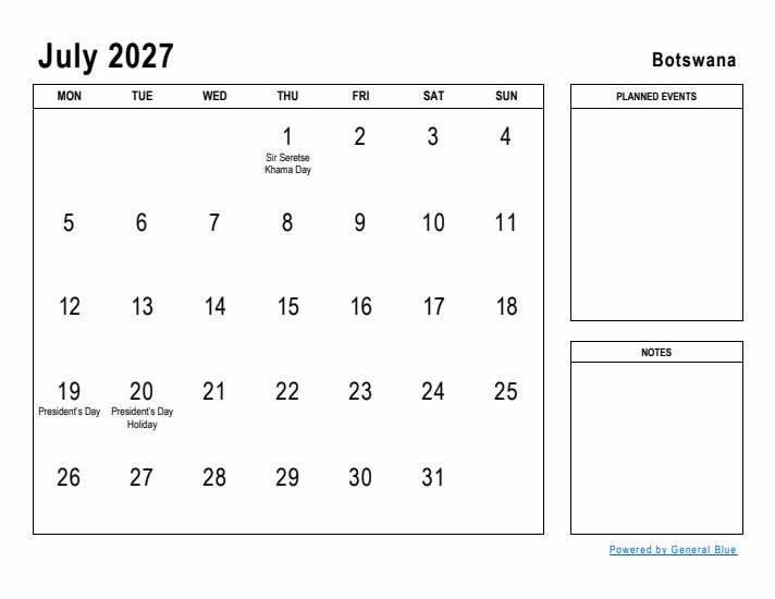 July 2027 Printable Monthly Calendar with Botswana Holidays