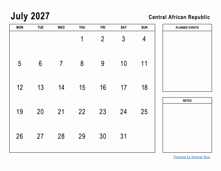 July 2027 Printable Monthly Calendar with Central African Republic Holidays