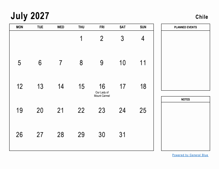 July 2027 Printable Monthly Calendar with Chile Holidays