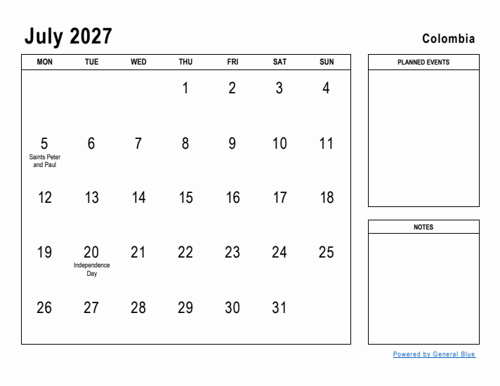 July 2027 Printable Monthly Calendar with Colombia Holidays