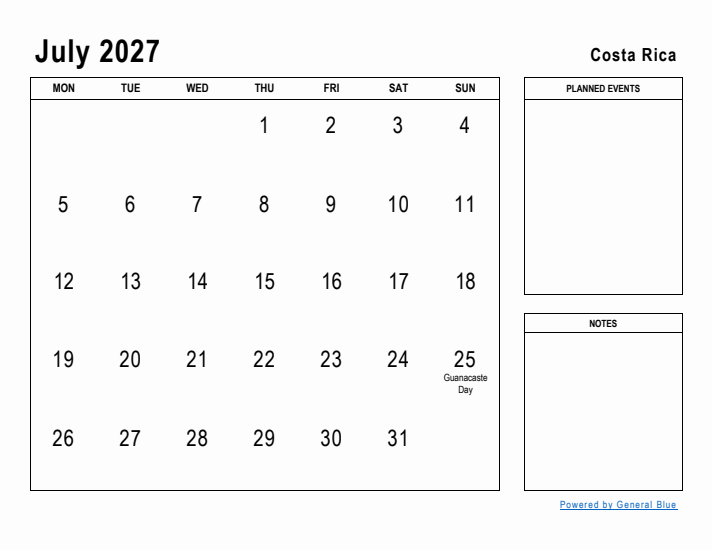 July 2027 Printable Monthly Calendar with Costa Rica Holidays