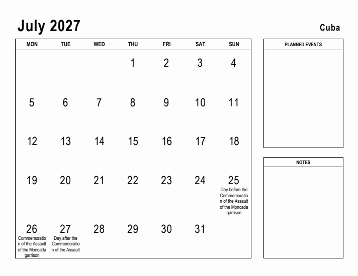 July 2027 Printable Monthly Calendar with Cuba Holidays