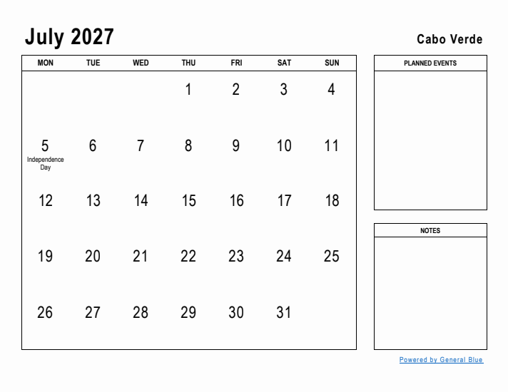 July 2027 Printable Monthly Calendar with Cabo Verde Holidays