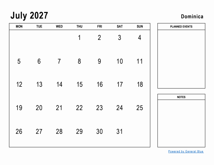 July 2027 Printable Monthly Calendar with Dominica Holidays