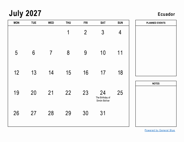 July 2027 Printable Monthly Calendar with Ecuador Holidays