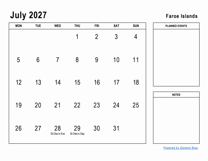 July 2027 Printable Monthly Calendar with Faroe Islands Holidays