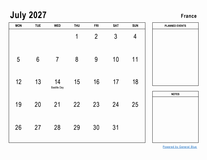 July 2027 Printable Monthly Calendar with France Holidays