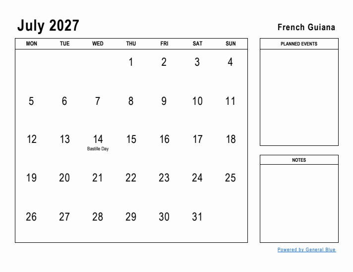 July 2027 Printable Monthly Calendar with French Guiana Holidays